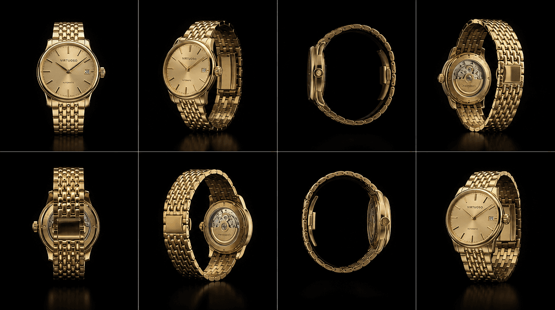 Luxury product spinning smoothly 360° on perfectly lit dark background, every angle visible, professional product photog