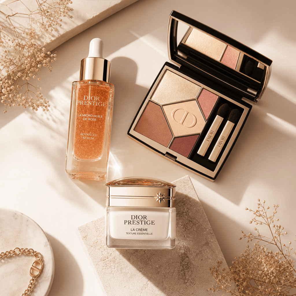 Beauty products arranged in flat lay composition: serum, cream, makeup palette arranged artistically. Minimalist styling