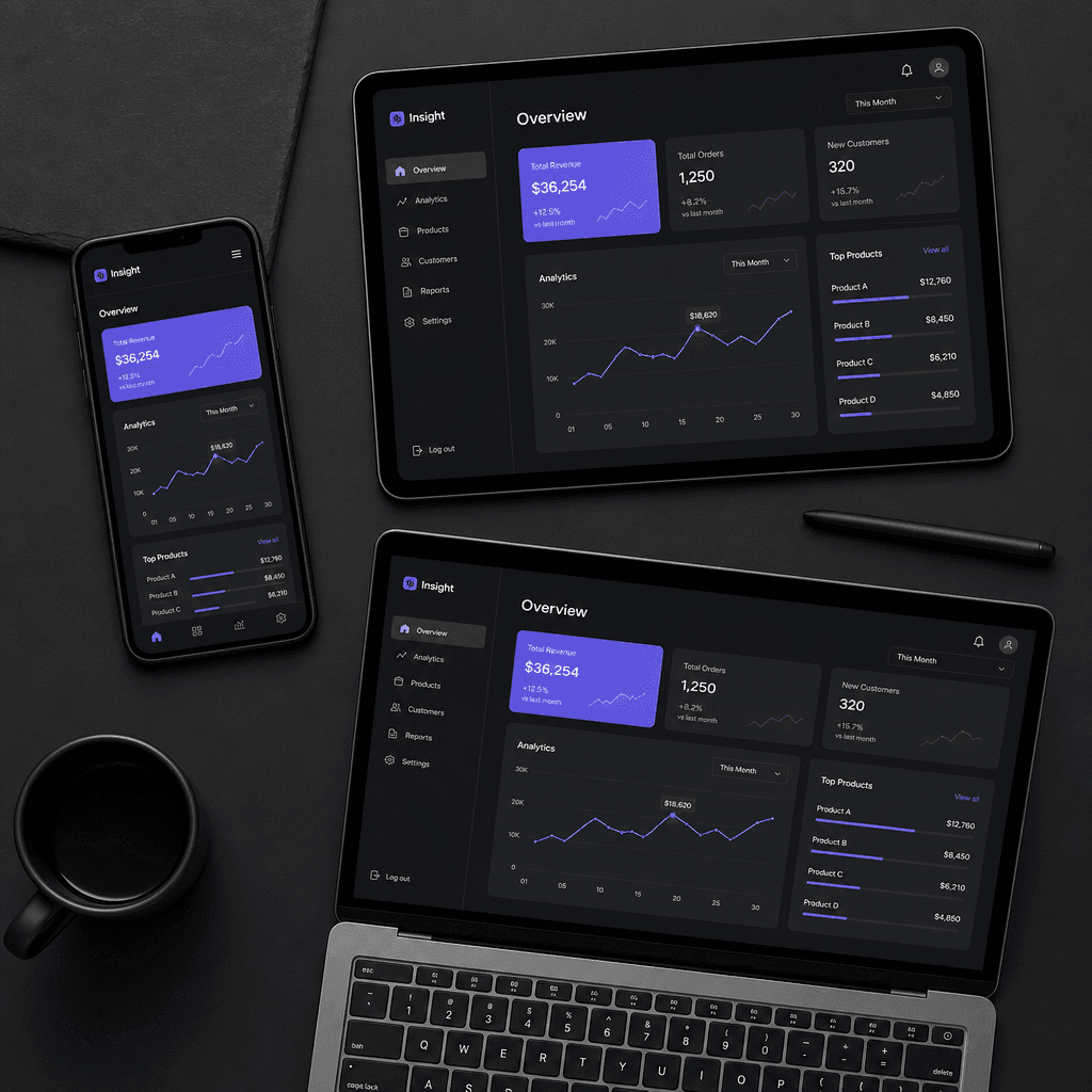Flat-lay composition showing three digital devices at staggered angles: smartphone, tablet, and laptop, each displaying 