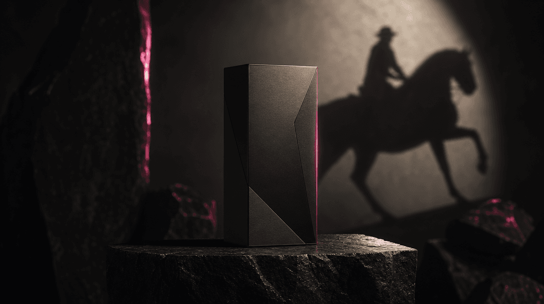 A single premium product box on a black stone pedestal while the elongated shadow of a horse and rider crosses behind it