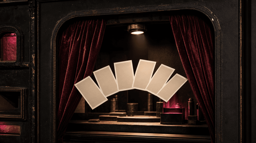 A vintage photo booth curtain opening onto a meticulously lit miniature studio, with six blank photographic cards emergi