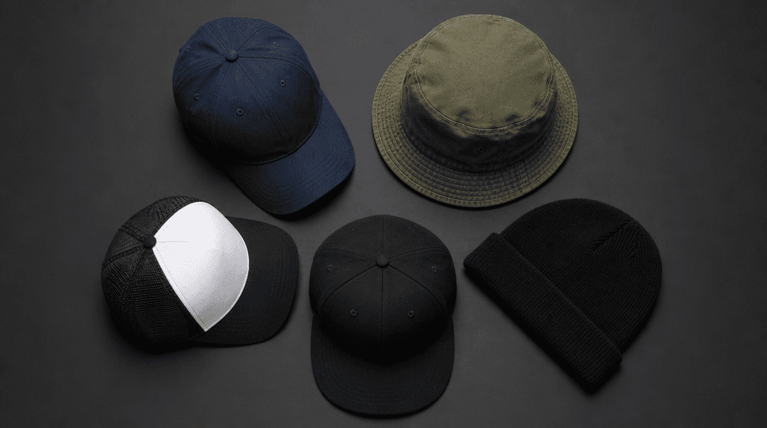 Top-down flat lay of five different cap styles — a baseball cap, a bucket hat, a beanie, a trucker hat, and a fitted sna