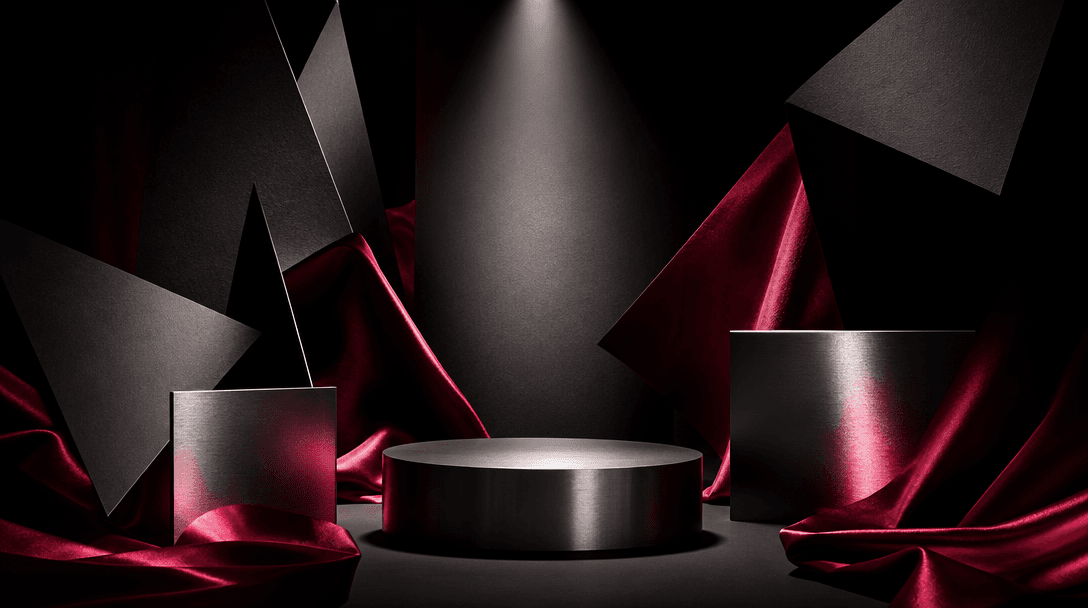 An abstract fashion set built from black paper, brushed metal, crimson silk, and a focused spotlight surrounding a cente