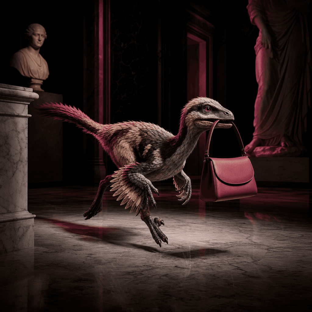 A small feathered dinosaur escaping across a luxury museum floor with an elegant leather handbag held carefully in its j
