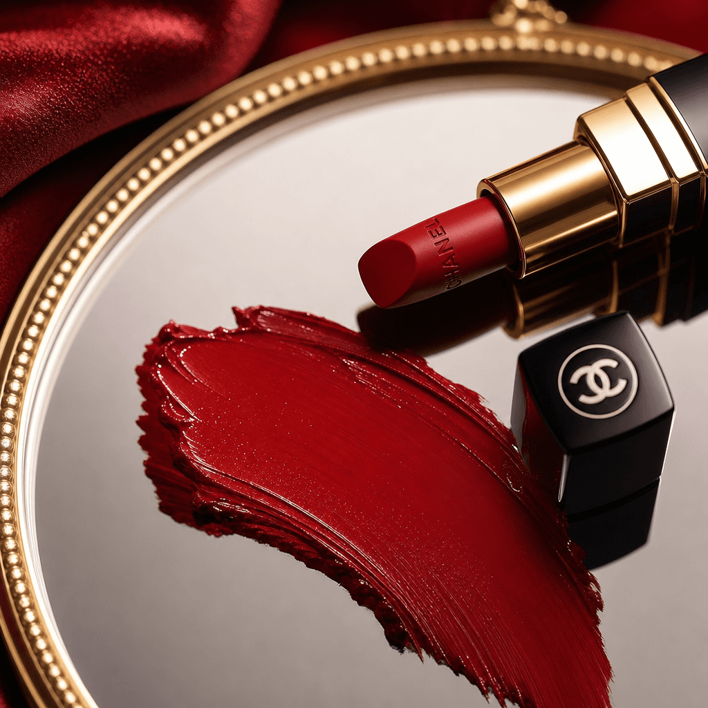 Red lipstick shade swatch on mirror surface with dramatic lighting, luxury beauty product styling, professional shot.
