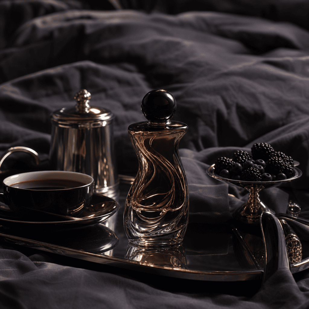 A sculptural perfume bottle presented as the centerpiece of an elegant breakfast tray, rumpled charcoal bedding, black c