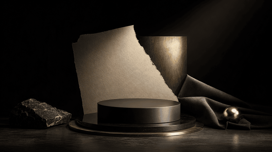 A pristine product pedestal emerging from darkness as a single sculptural spotlight illuminates textured paper, polished