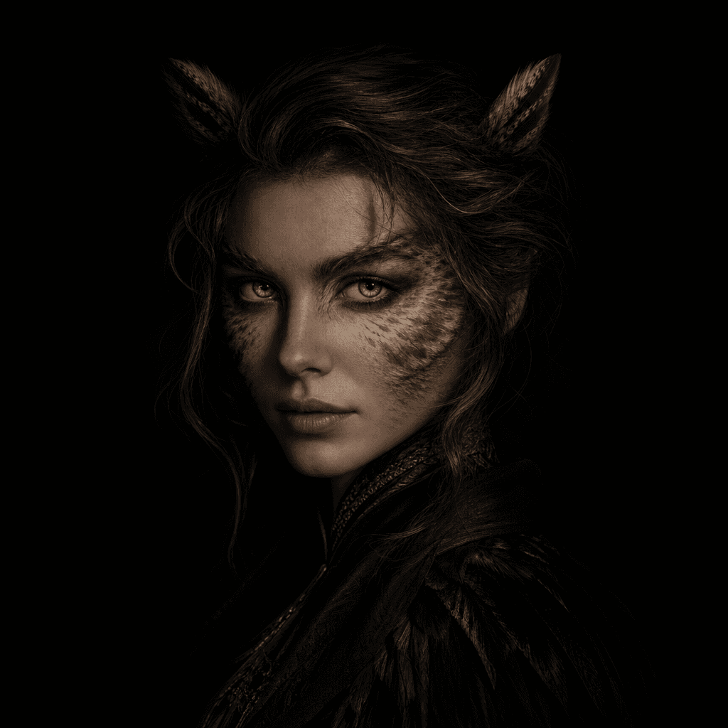 Anonymous human portrait subtly transformed with elegant owl traits, feathered cheek structure and luminous eyes, deep b