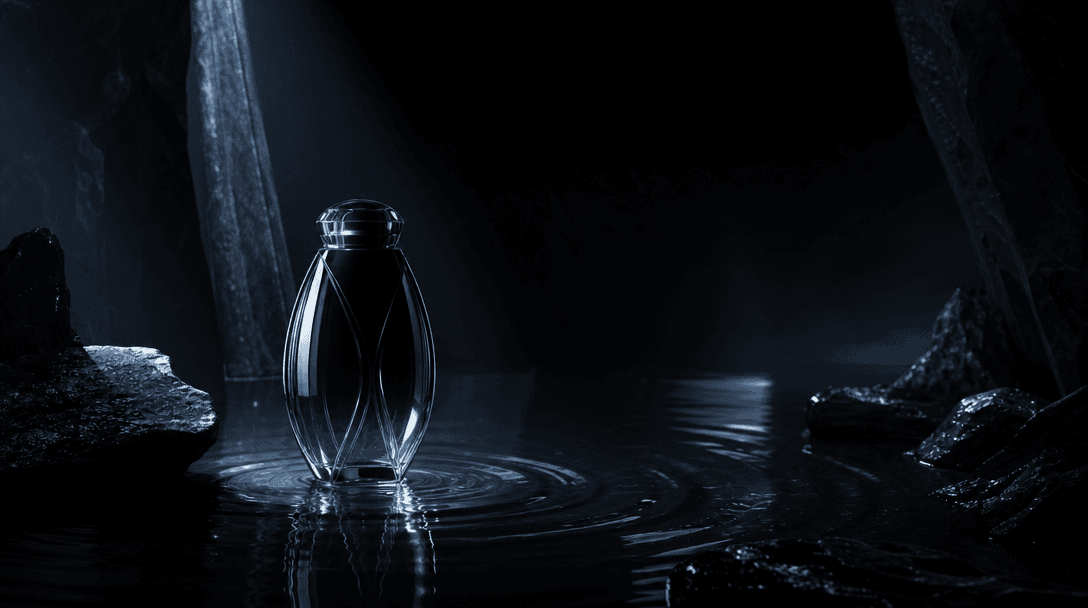 An abstract luxury campaign set where a polished glass vessel emerges from a shallow black reflecting pool, controlled r