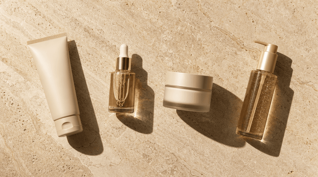 Flat-lay overhead of four different beauty products arranged across a continuous natural stone surface under consistent 
