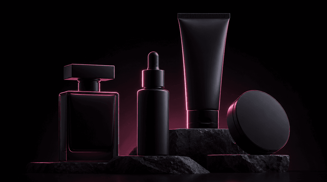 Four distinctive beauty package silhouettes arranged like modern sculptures: a perfume bottle, serum dropper, cosmetic t