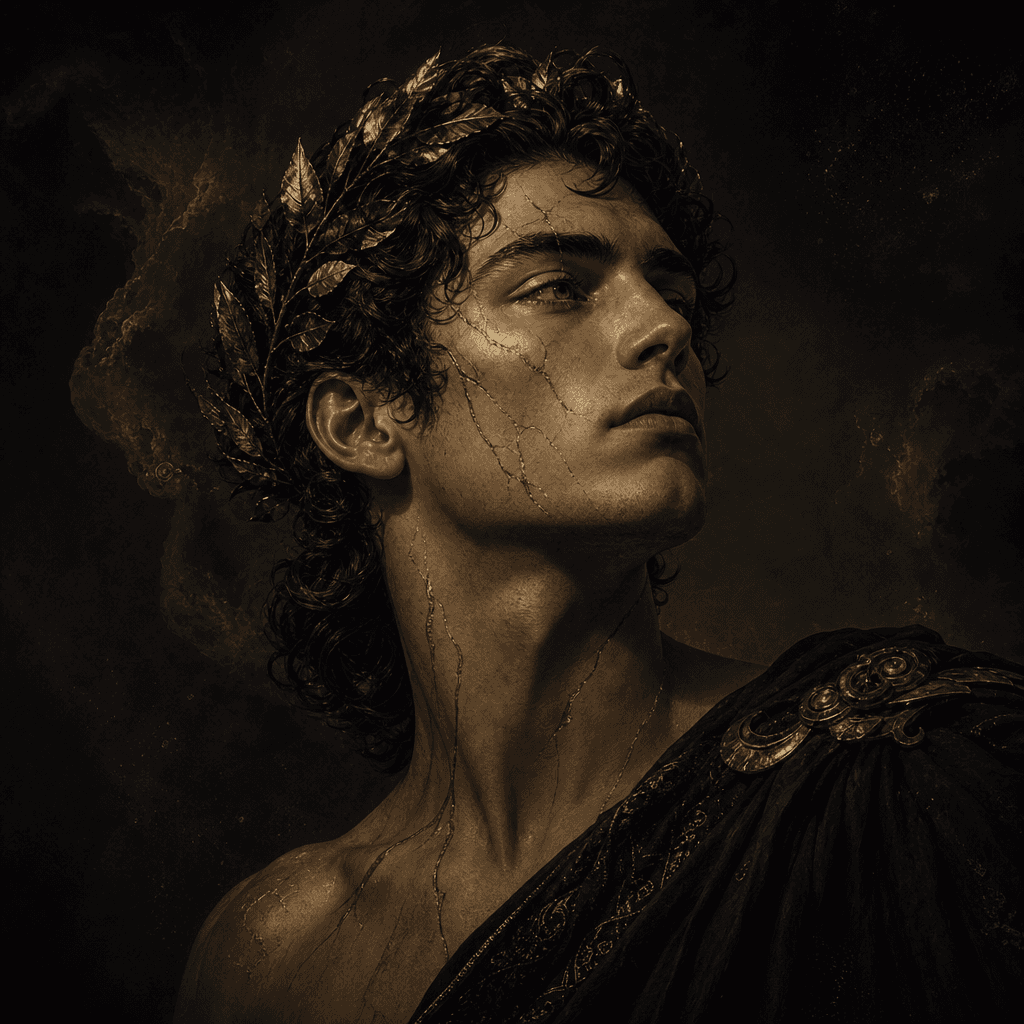 An artistic representation of a person transformed into a mythic figure, with a dramatic dark background and soft lighti