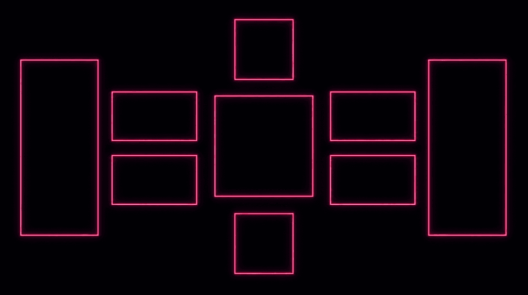 Abstract geometric visualization of multiple frame silhouettes — tall vertical, square, wide horizontal — arranged symme