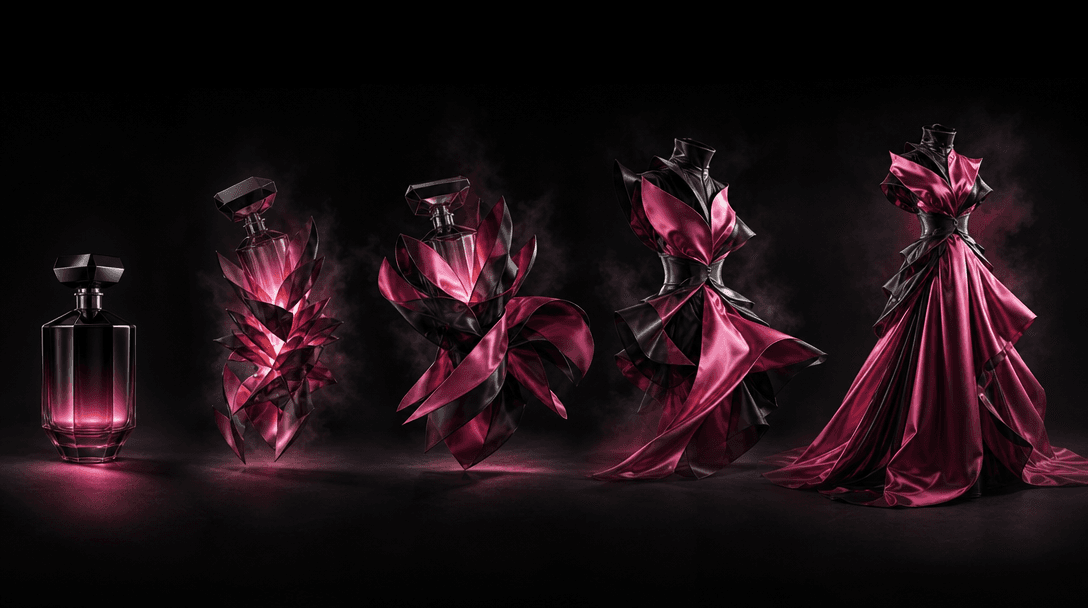 A premium product bottle transforming into an elaborate wearable silhouette on a black studio stage, packaging contours 