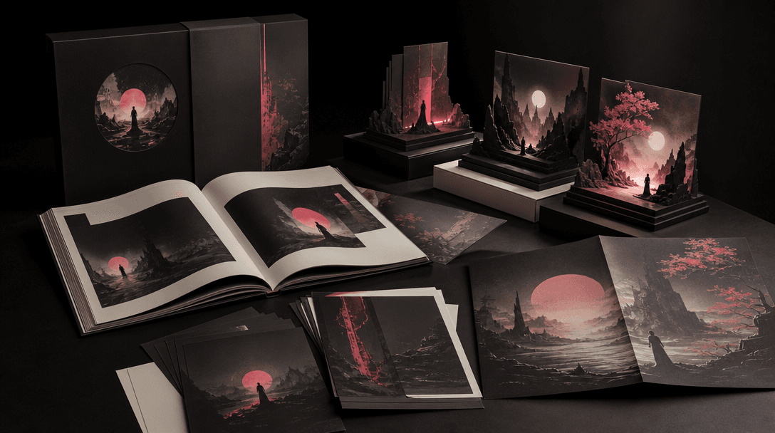 A refined publishing campaign still life featuring an open book, stacked art prints, a folded poster, and small illumina