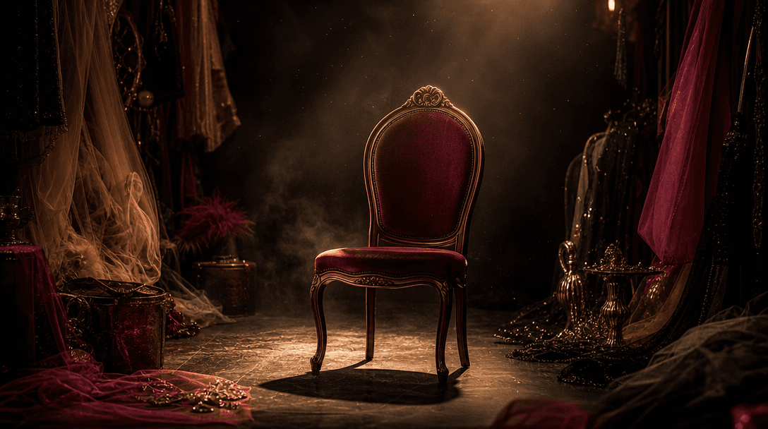 A single empty portrait chair under a focused cinematic spotlight, surrounded by layered costume fabrics, metallic acces