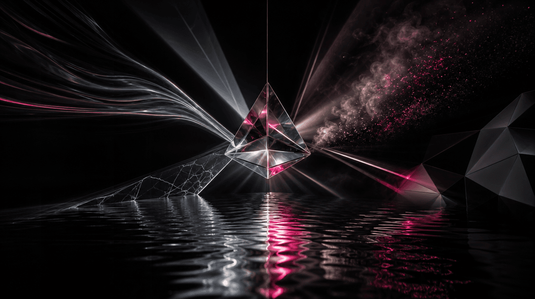 Abstract streams of light and motion converging around a suspended glass prism above dark water, each reflection suggest