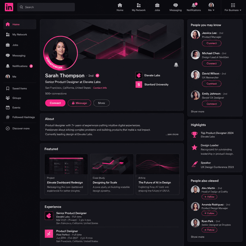 LinkedIn profile interface mockup on dark background, hot pink accent highlights on buttons and profile elements, profes