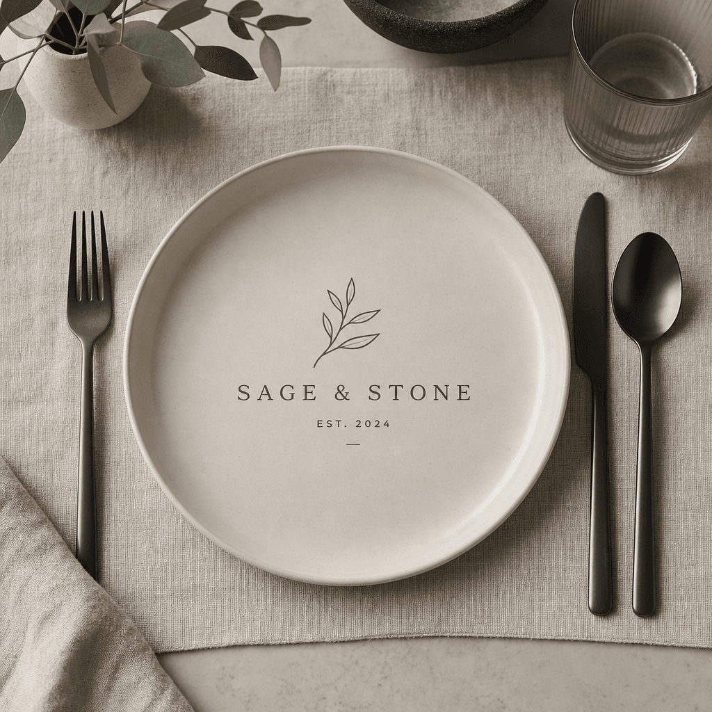 Modern minimalist place setting featuring clean logo design on ceramic plate, contemporary flatware, subtle texture, neu