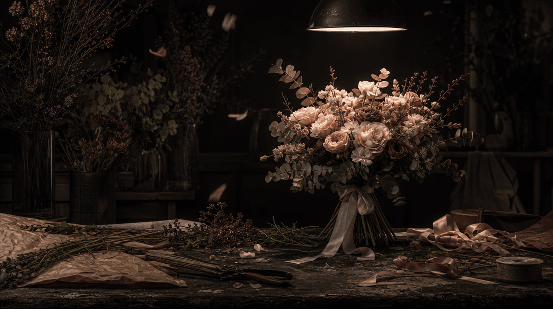 A florist worktable in a dark studio with one finished bouquet illuminated by a focused overhead light, loose stems, rib