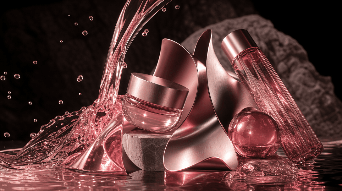 Rosé liquid flowing around brushed metal, glossy lacquer, and translucent cosmetic packaging materials arranged like a p