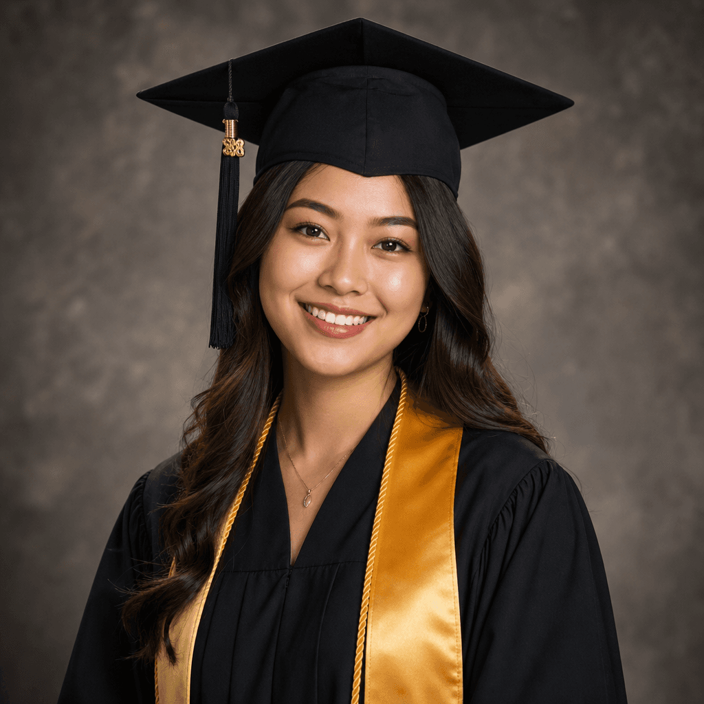 Young adult in graduation regalia, smiling warmly, natural confident expression. Professional portrait lighting, soft sh