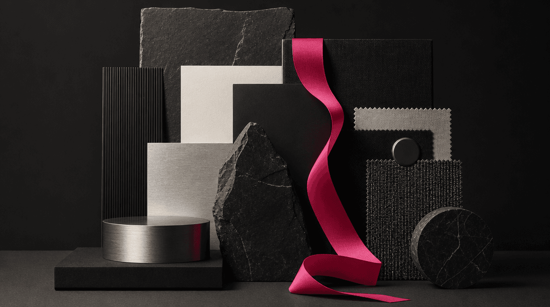 An art director's still-life arrangement of premium paper, black stone, brushed aluminum, fabric swatches, and one vivid