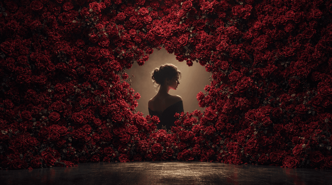 A vast wall of layered crimson roses opening around a single softly lit portrait silhouette, dark studio floor, cinemati