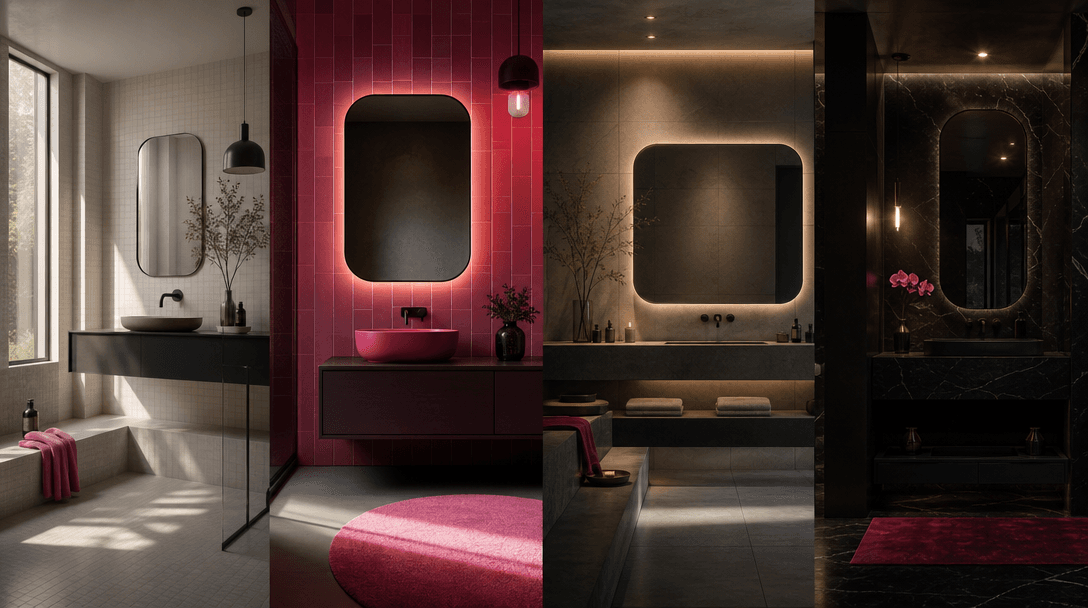Four connected bathroom atmospheres shifting from clean morning light to colorful pop, calm spa, and moody luxury, unifi