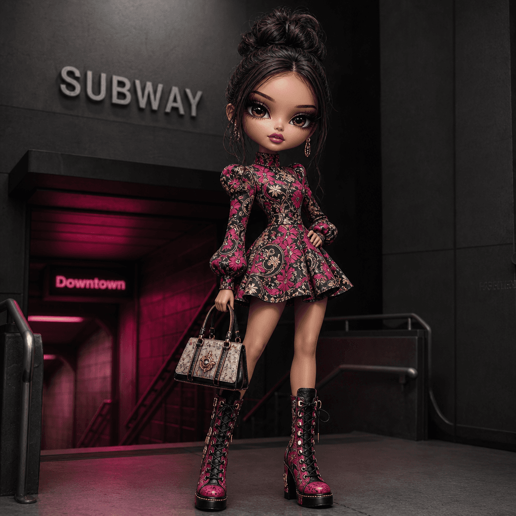Big-head fashion character in a vibrant patterned dress with a structured handbag and bold boots, posed near a minimal s