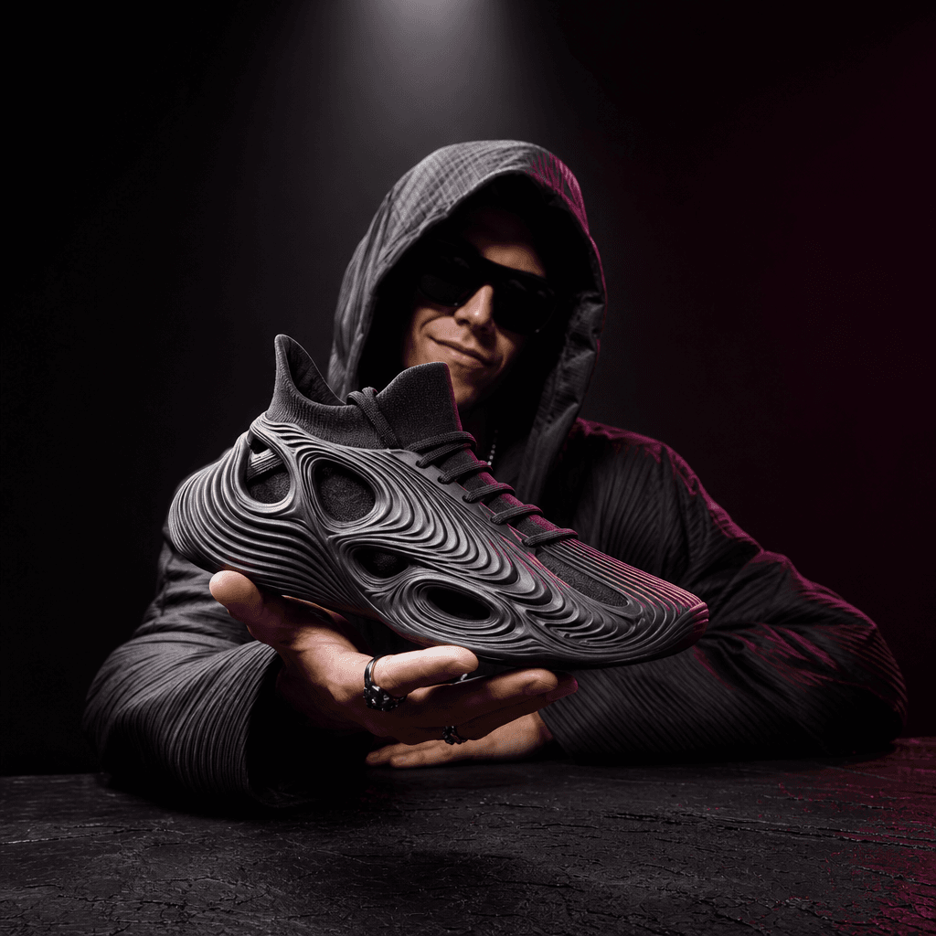 A stylish anonymous creator presenting a sculptural sneaker toward the camera with a confident amused expression, dramat