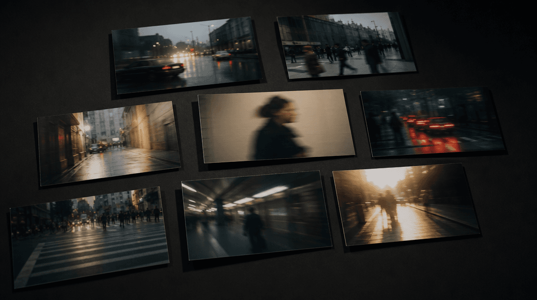 Editorial flat-lay of multiple printed video frame stills arranged in an asymmetric grid on a dark matte surface, single