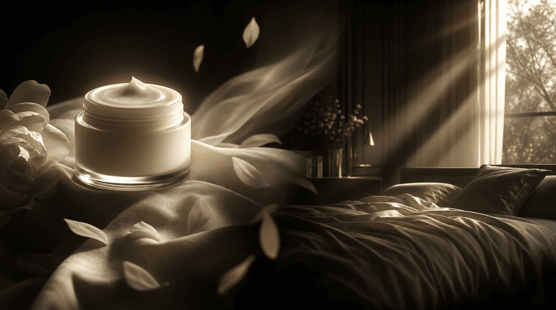 An isolated premium cosmetic jar transitioning visually into a complete bedroom lifestyle composition through flowing li