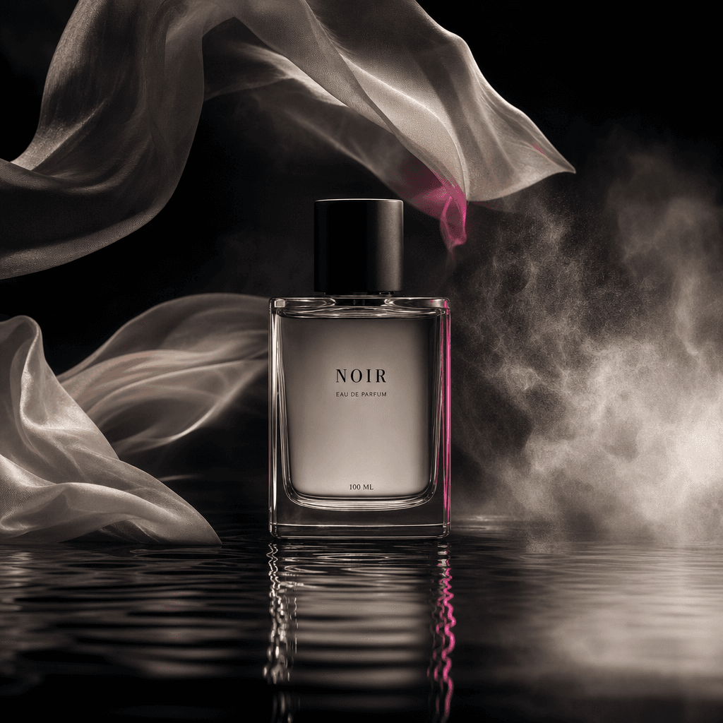 Minimal fragrance bottle surrounded by three atmospheric elements: drifting translucent fabric, a shallow reflective poo