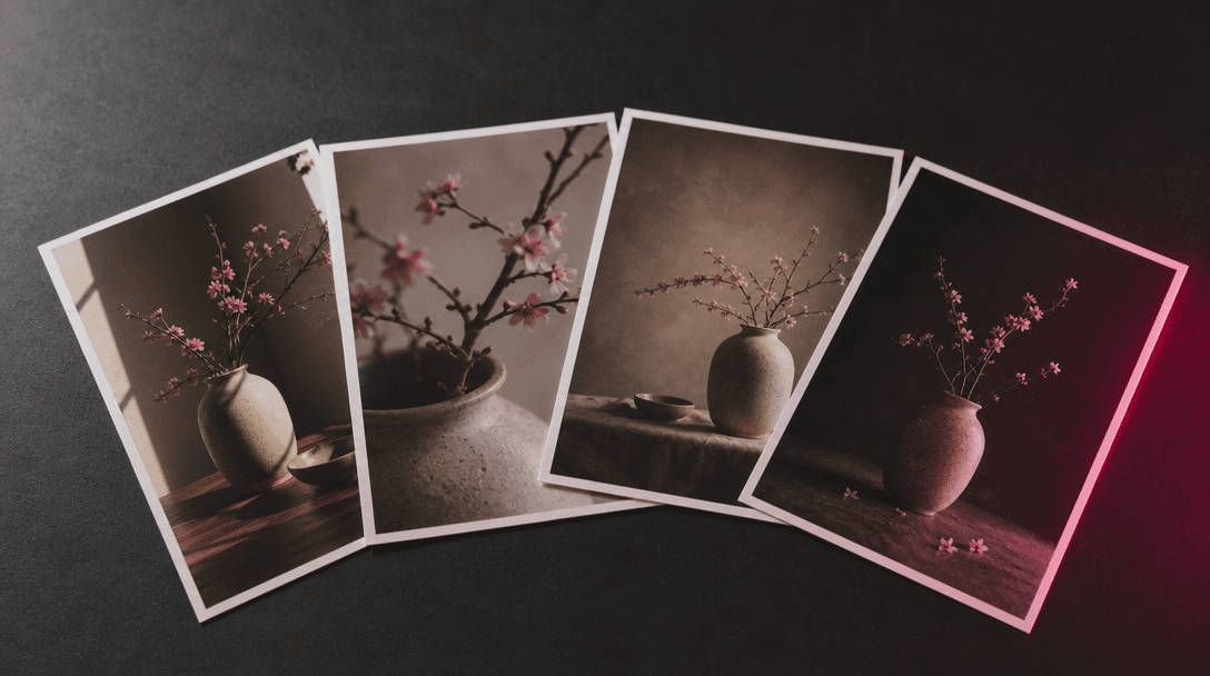 Editorial still life: four printed photograph cards fanned across a matte dark surface. Each card shows a slightly diffe