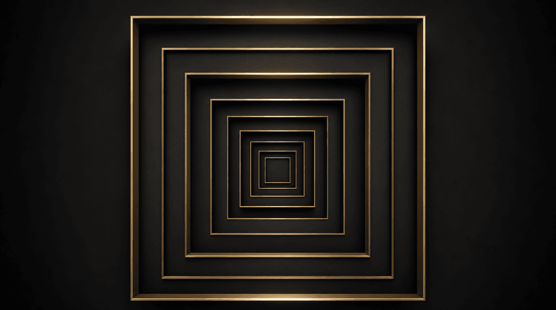 Abstract visualization of recursive layered frames. Concentric geometric borders in soft gold and shadow, nested inward 