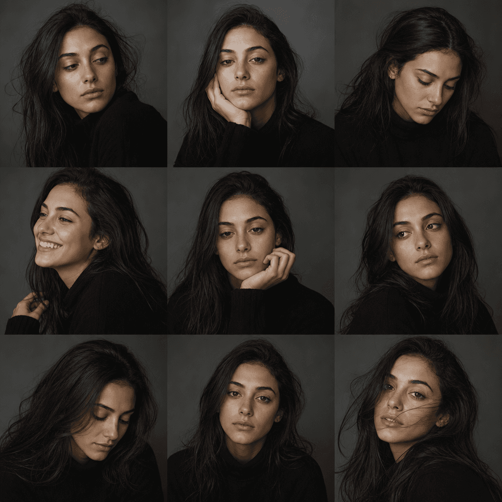 Editorial portrait pose four, final angle variation, complete range of expressions, studio quality portrait, contemplati