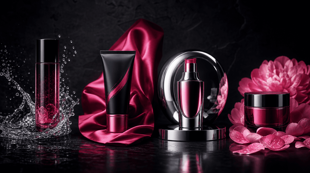 Four coordinated beauty products arranged as a campaign family across a dark studio table, each surrounded by a differen