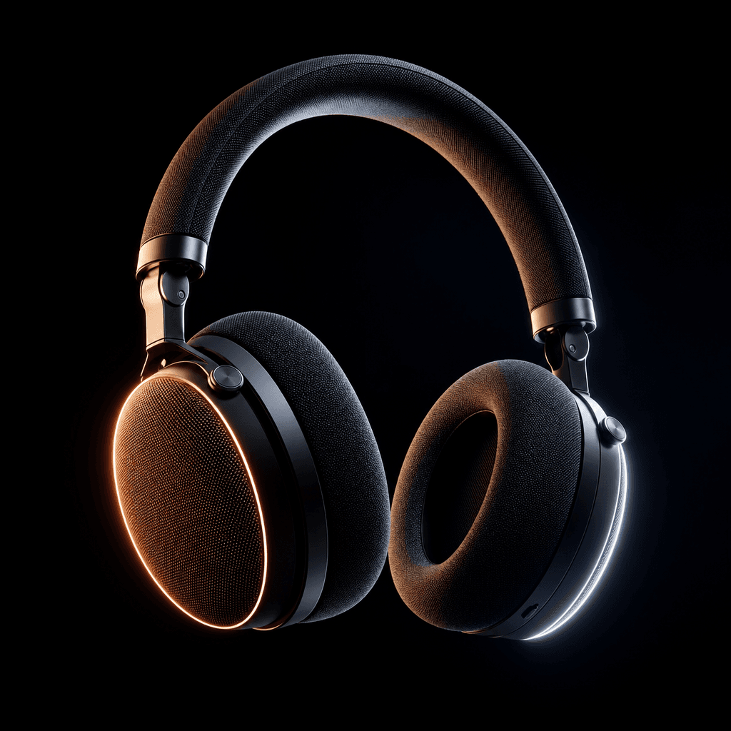 Wireless noise-canceling headphones suspended mid-air against an obsidian background, two opposing rim lights creating a