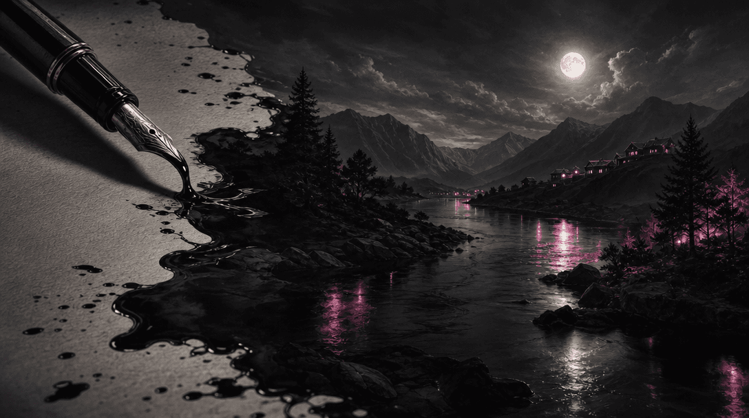 A symbolic scene where black ink flows from a fountain pen and transforms into a moonlit river, mountains, trees, and di