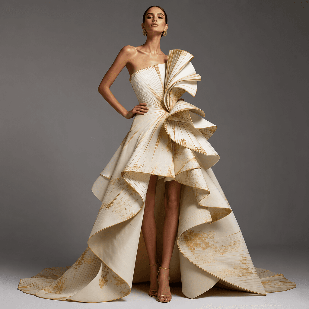 High-fashion model wearing an avant-garde dress design, professional photoshoot lighting, studio environment, confident 