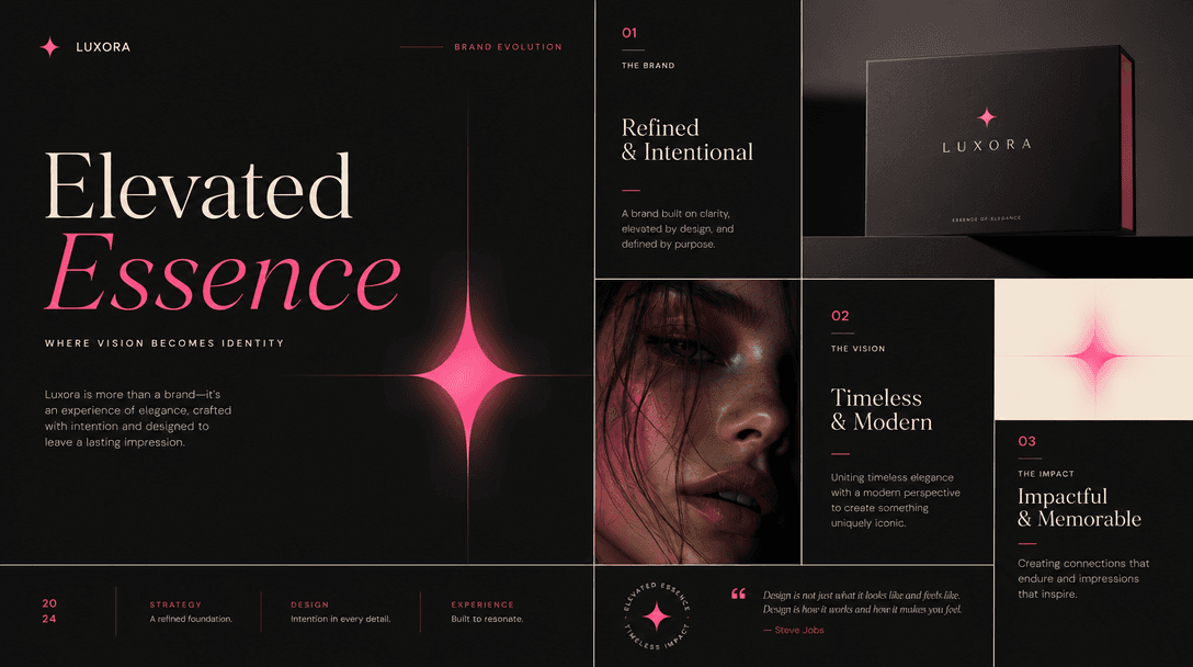 Modern minimalist design mockup: clean geometric grid structure with soft glowing accents in hot pink and cream, deep da