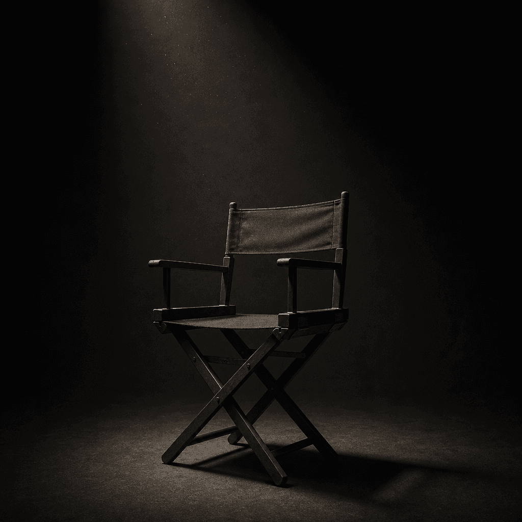 Dark studio empty director's chair under a single focused spotlight against a matte black cyclorama backdrop, volumetric