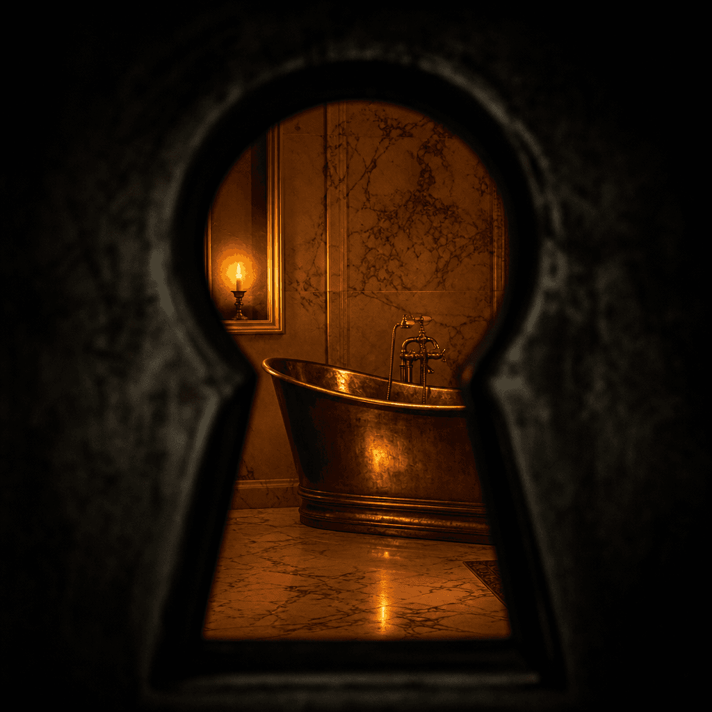 Boutique hotel bathroom through a dark keyhole-shaped frame — freestanding copper bathtub, polished marble tiles, single