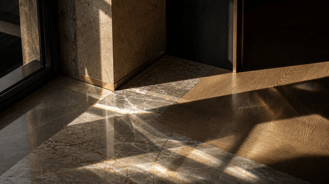 Sunlight refracting through a luxury apartment window onto polished stone flooring, creating sharp geometric light patte