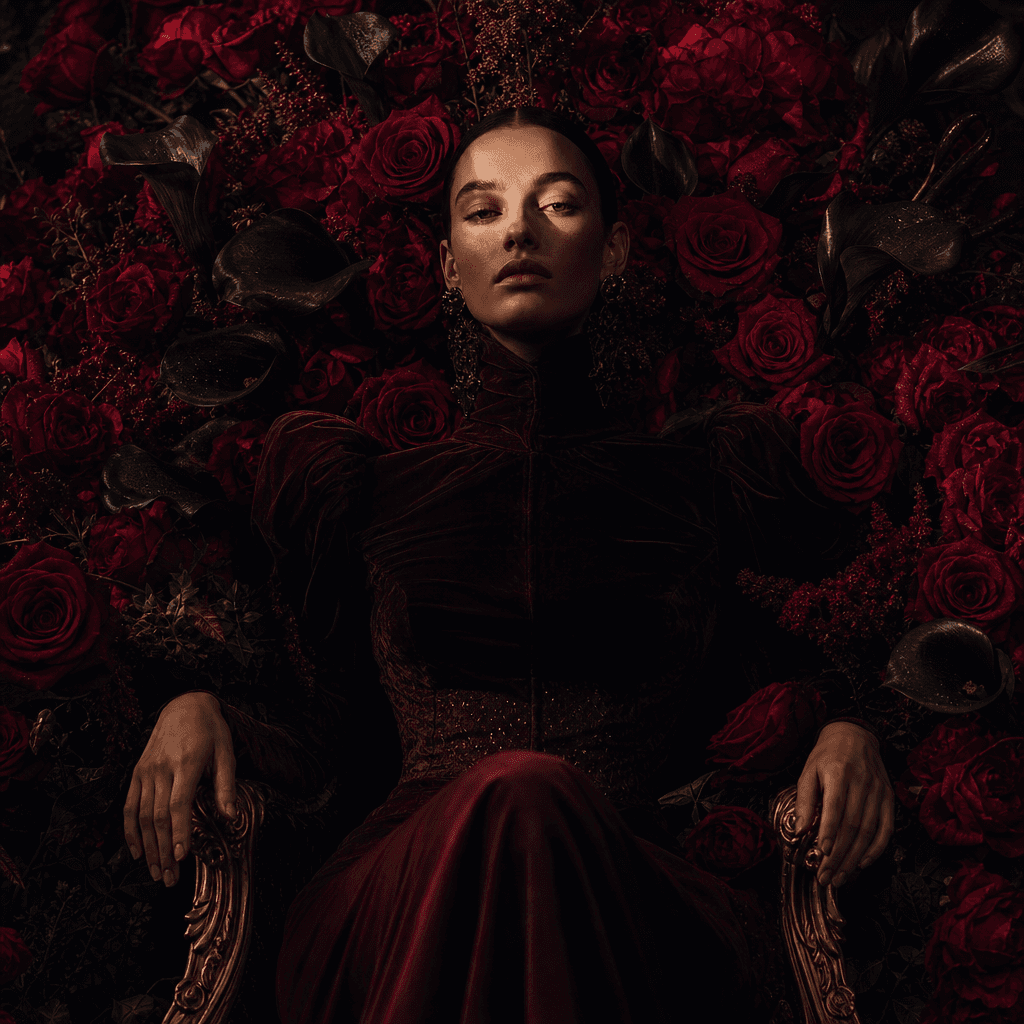 A dramatic flower-throne portrait with an anonymous subject framed by saturated crimson roses, black calla lilies, and b