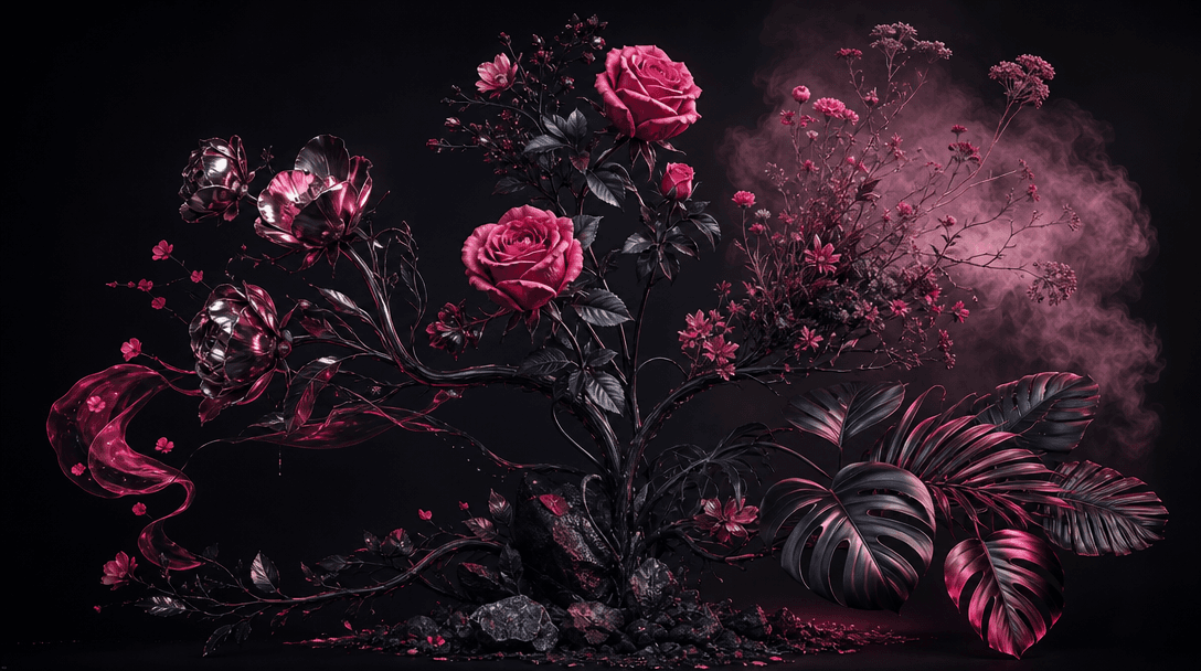 A single floral composition branching into several distinct visual worlds across one seamless dark studio landscape: rea
