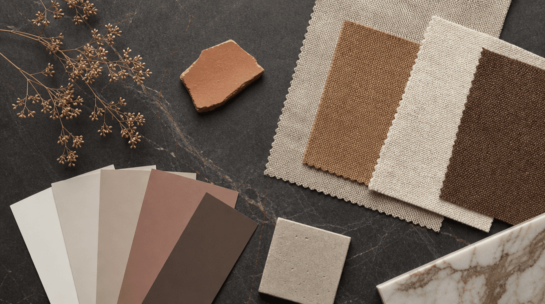 Flat lay of interior design mood board elements on a dark stone surface. Fabric swatches in warm neutral tones, paint ch