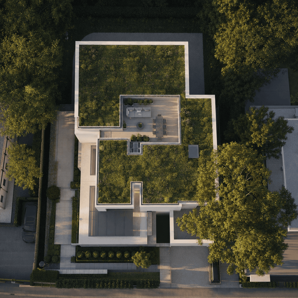 Aerial perspective render of a contemporary residential development with a planted green roof terrace, surrounded by mat