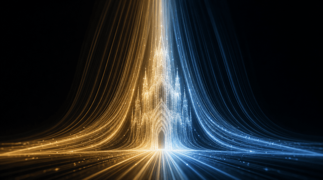 Abstract visualization of converging light streams — multiple thin rays of warm amber and cool blue light merging into a